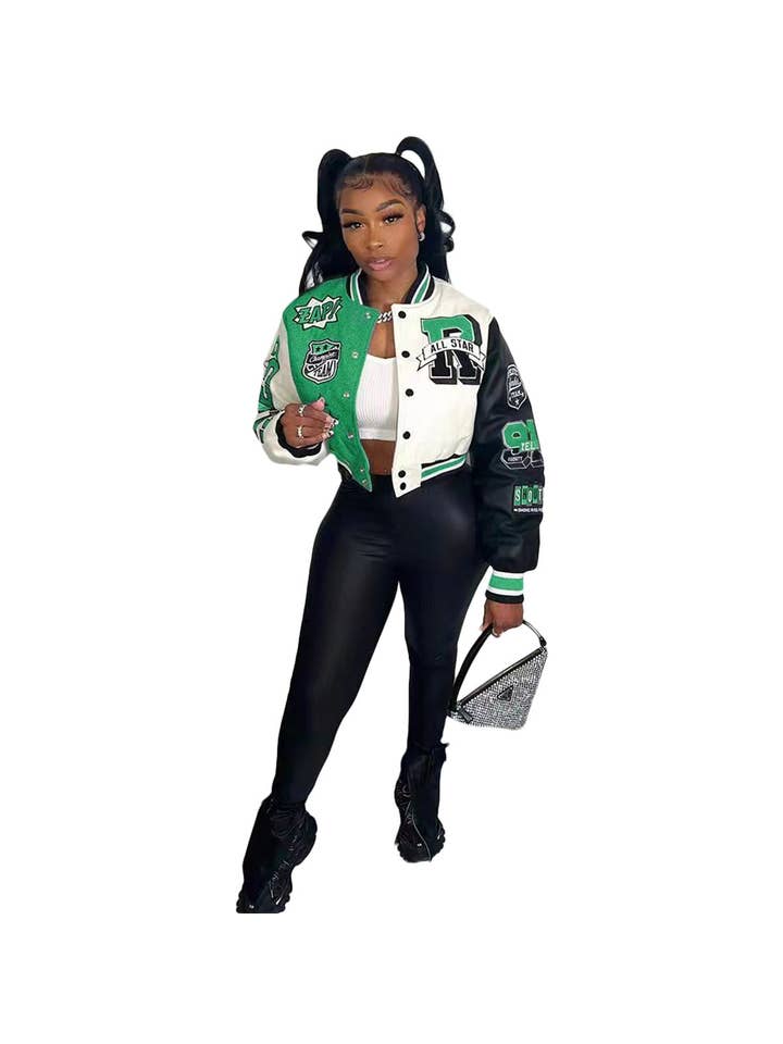 MB Fashion Wholesale - Wholesale Varsity/Baseball Jacket - Women's - MB FASHION CROPPED PRINTED BASEBALL JACKET 8123LY