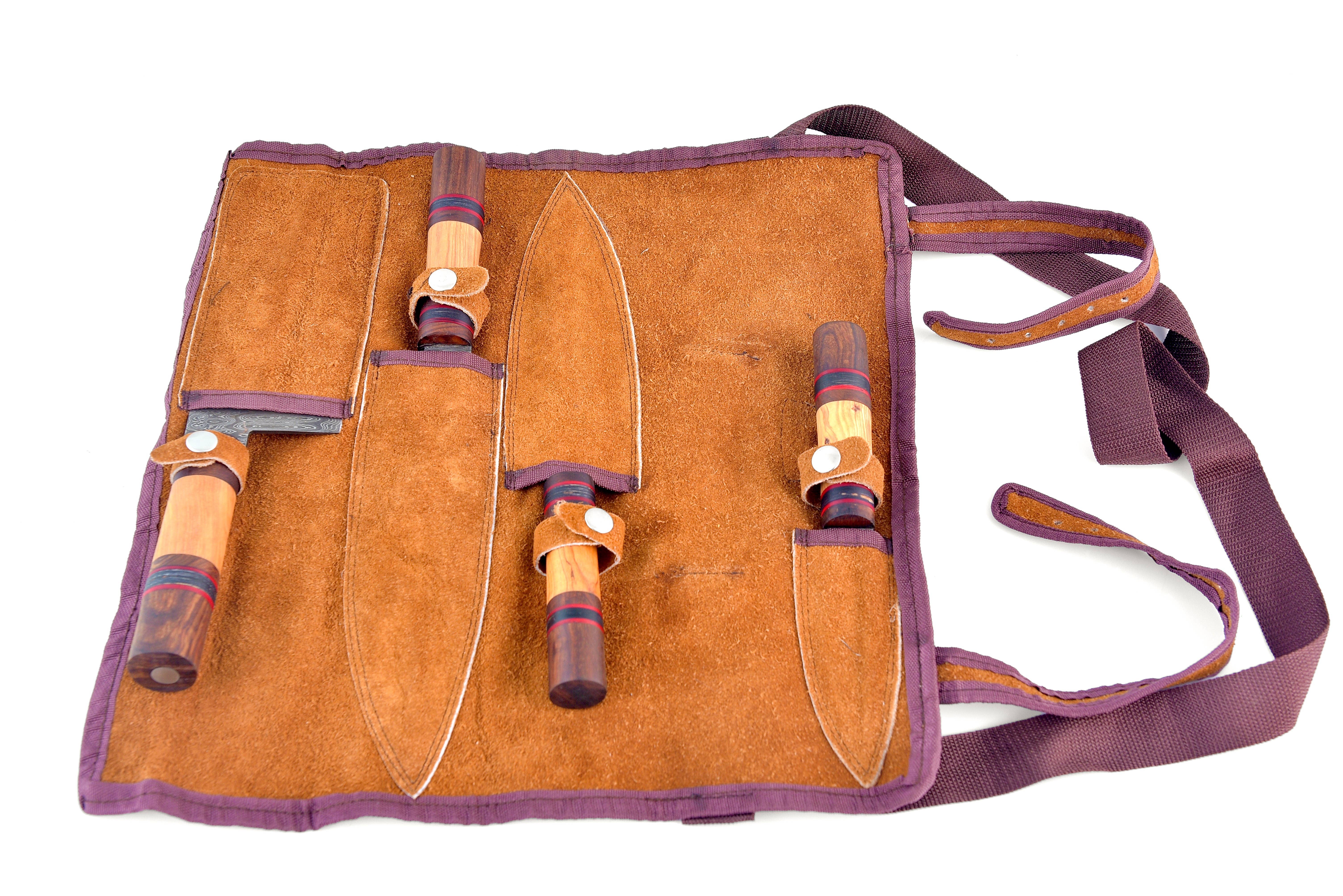 Titan International - Wholesale Messenset - 4-delige keukenset, leren tas - handgrepen van walnoot- en olijfhout3