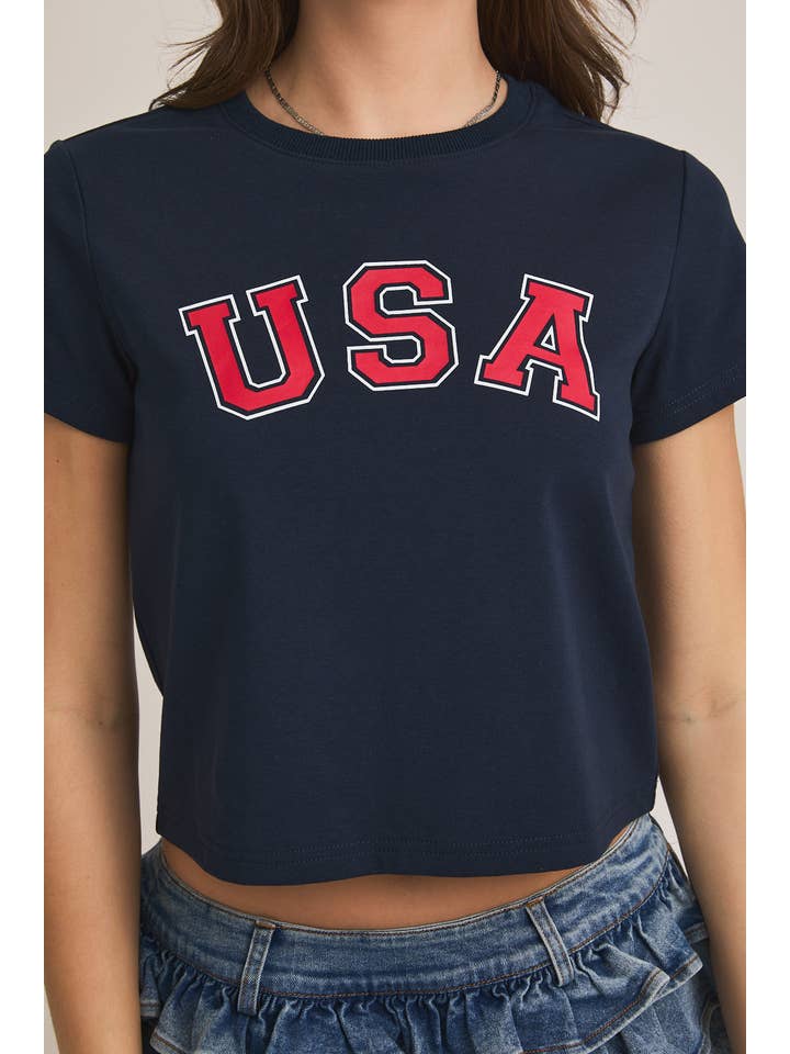 LE LIS - Wholesale Screen Printed T-Shirt - Women's - "USA" GRAPHIC SHORT SLEEVE CREW NECK BABY TEE