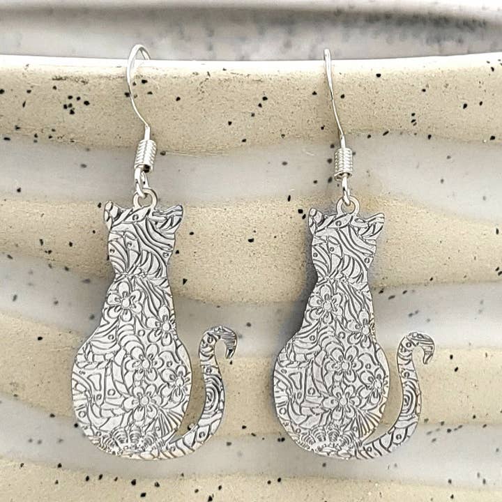 BeSheek Filigree Embossed Kitty Cat Dangle Earrings for wholesale by BESHEEK JEWELRY