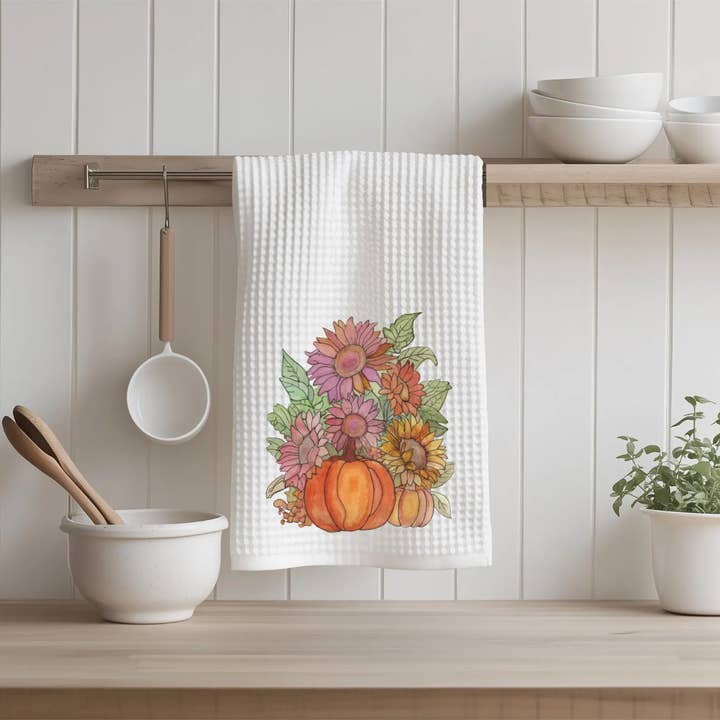 Pumpkin Sunflower Watercolor Towel for wholesale by Jules Creations MN