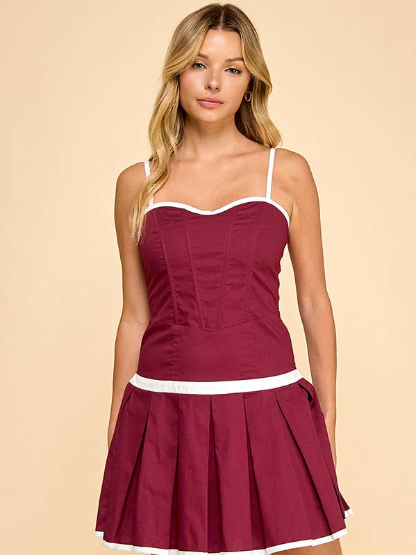 Gameday Contrast binding detail V-neck mini dress for wholesale by BABY PINK