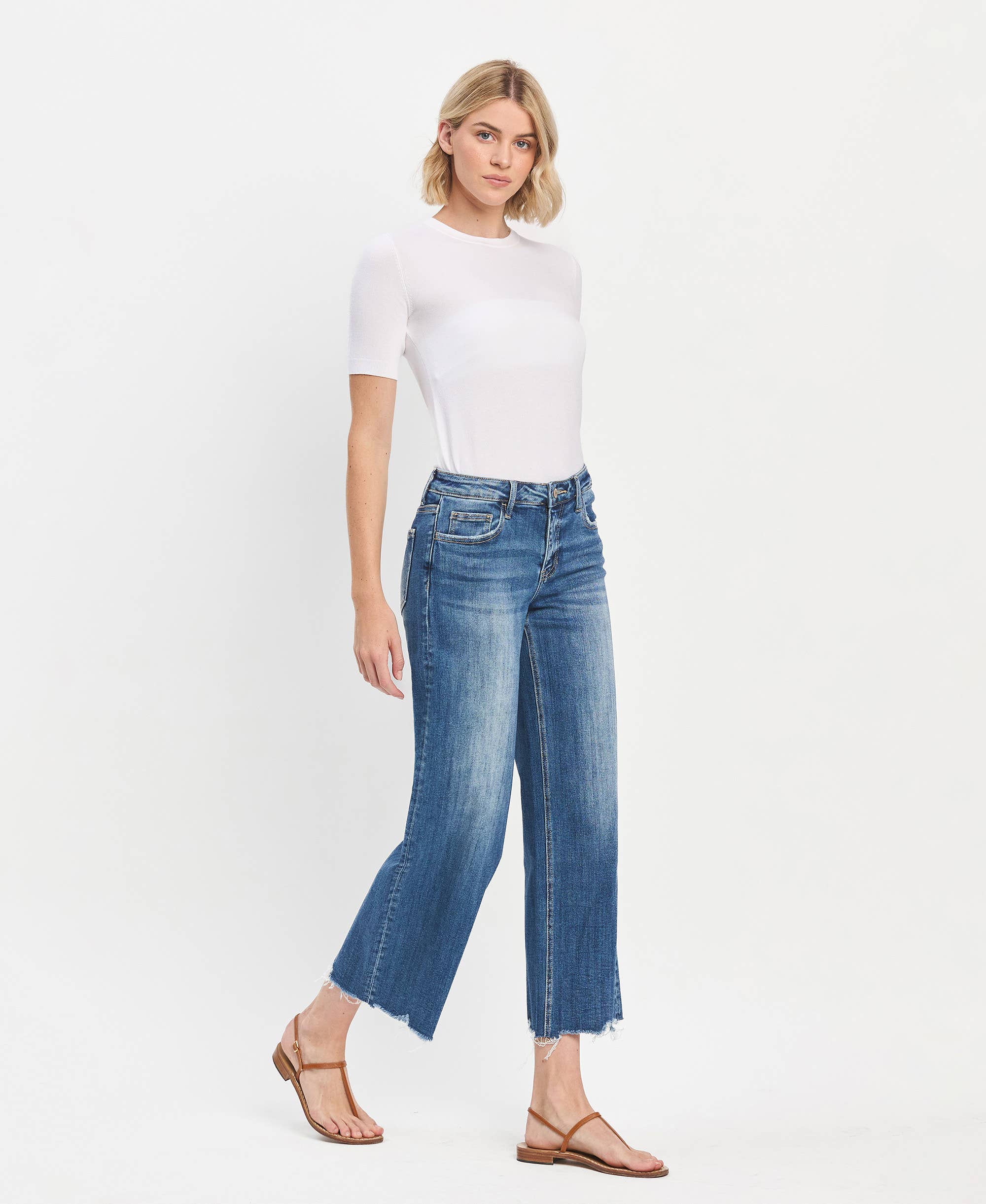 MESMERIZES MID RISE MEDIUM DARK WASH RAW HEM WIDE JEANS LV1246 for wholesale on Faire2