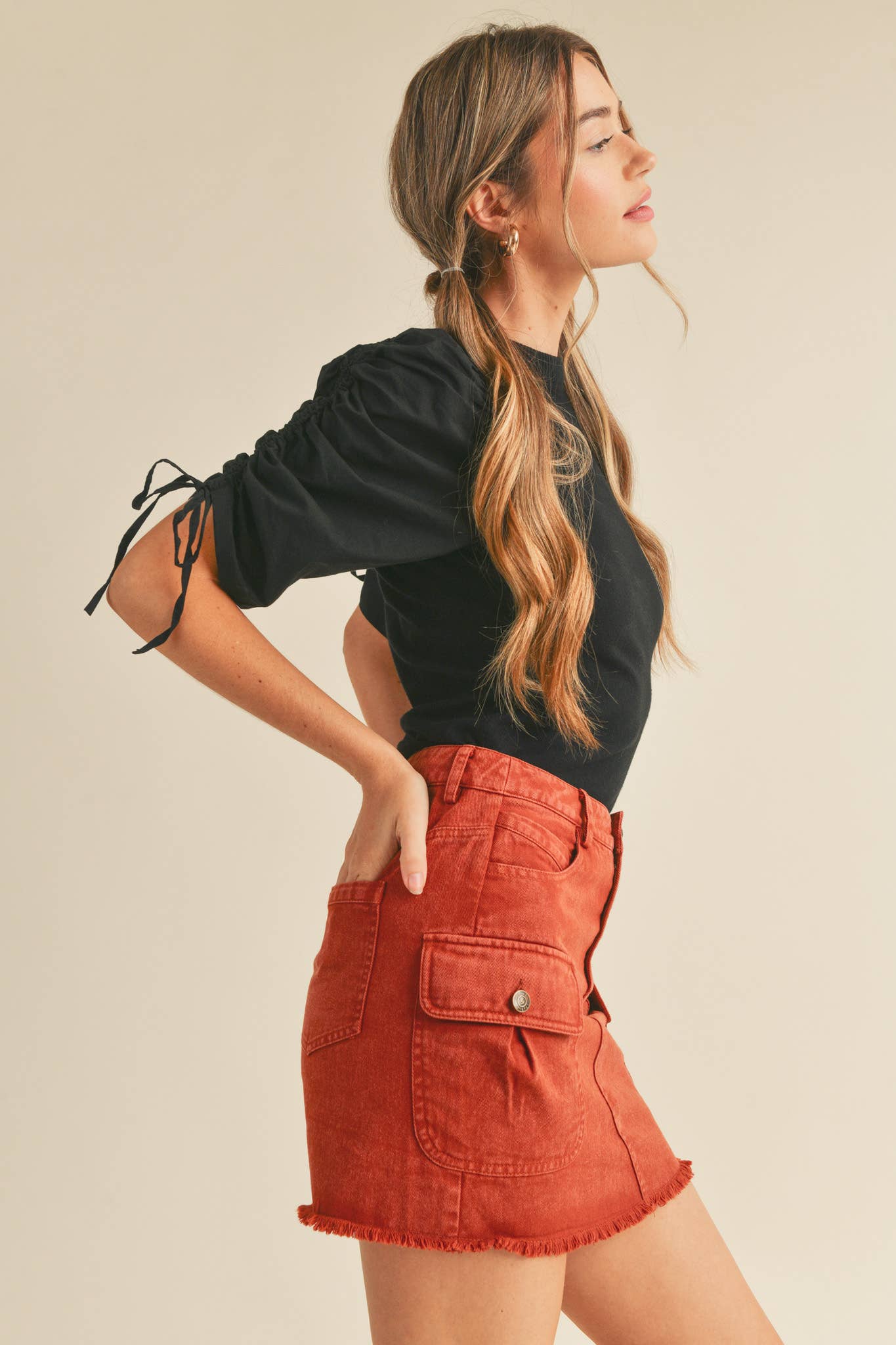 &MERCI - Wholesale Knit Top - Women's - RUCHED SLEEVE MIXED MEDIA TOP MSW246417