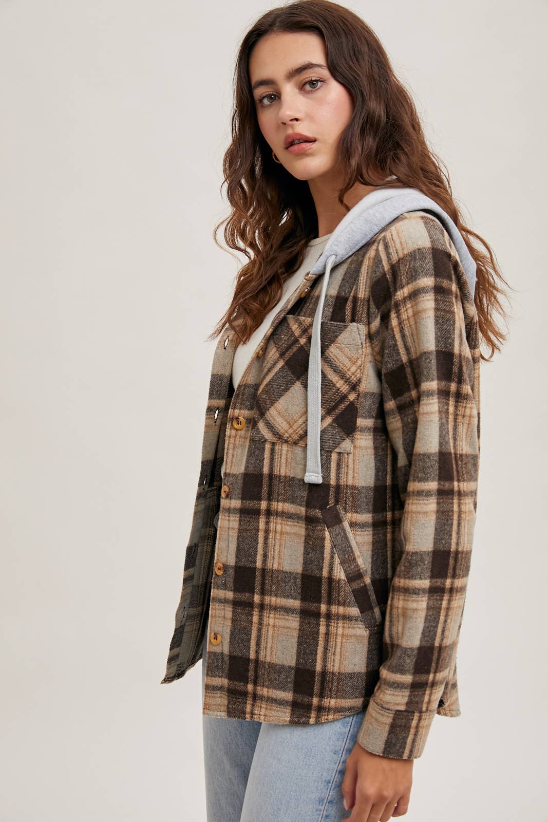 Bluivy – wholesale Shirt Jacket/Shacket - Women’s – HOODED FLANNEL BUTTON FRONT SHIRT JACKET3