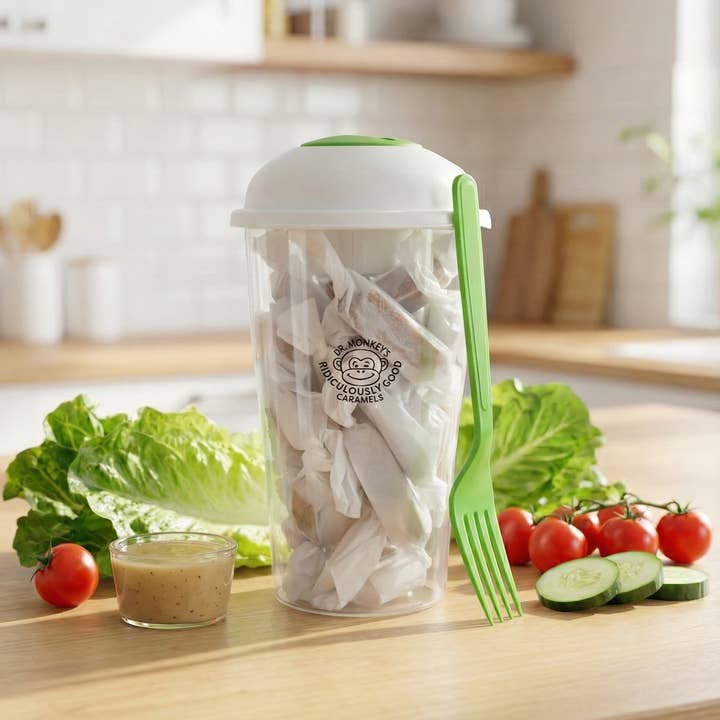 Shaker de salade avec une demi-livre de caramel pour la vente par Dr. Monkey's Ridiculously Good Caramels