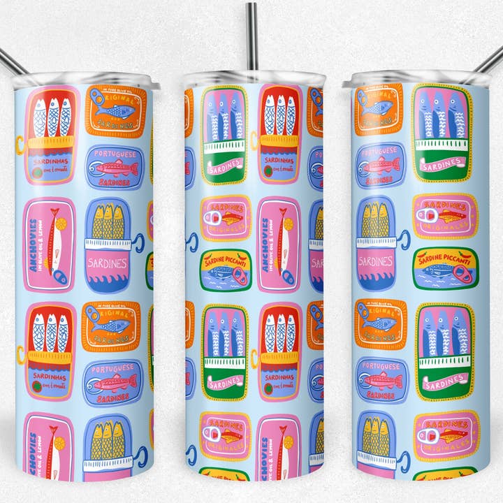 Sonny Rising - Wholesale Insulated Mug/Tumbler - 20 oz Skinny Tumbler, Sardine Cans Pattern