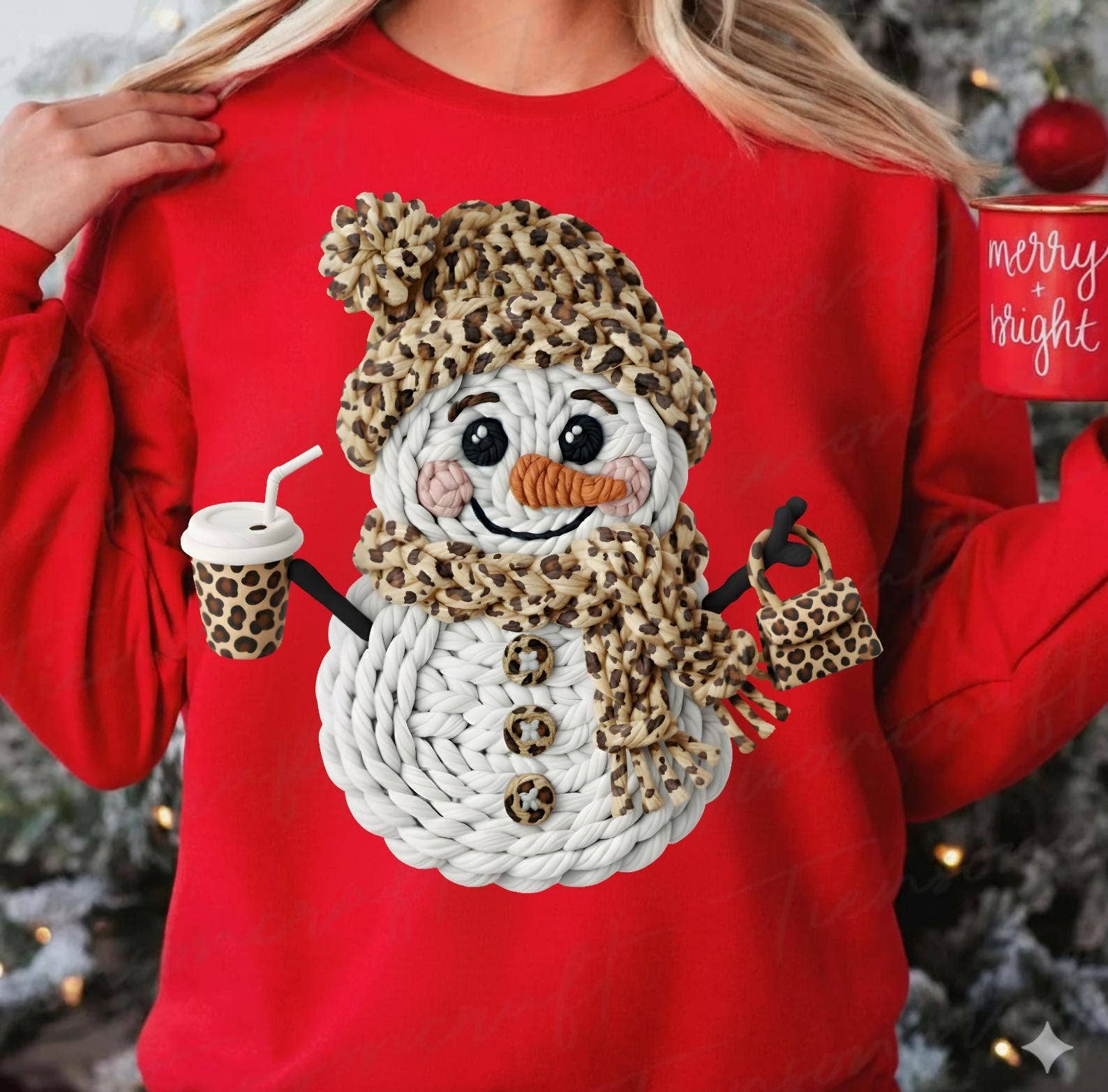 DLT Ecommerce - Wholesale T-Shirt (Graphic) - Women's - Faux Yarn Crochet Snowman Shirt, Leopard Christmas Sweater0