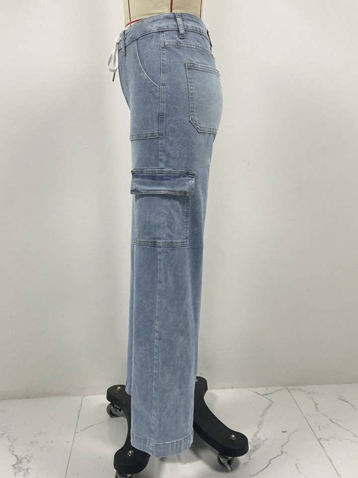 Light Blue Lace-Up Multi-Pocket Straight-Leg Denim Jeans for wholesale on Faire