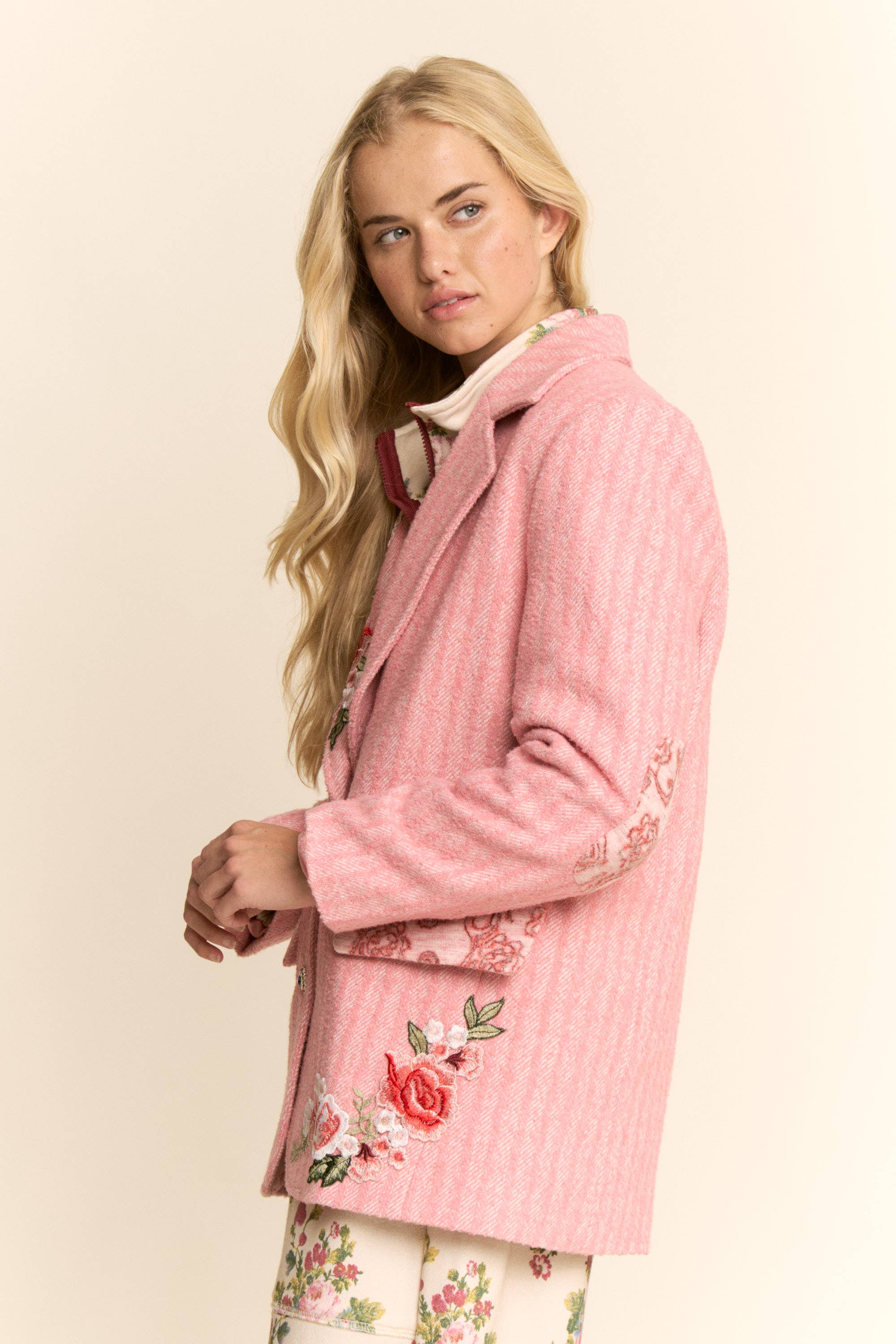 Pink PLUS HARRINGBONE EMBROIDERED EMBROIDERED JAKCET for wholesale on Faire4