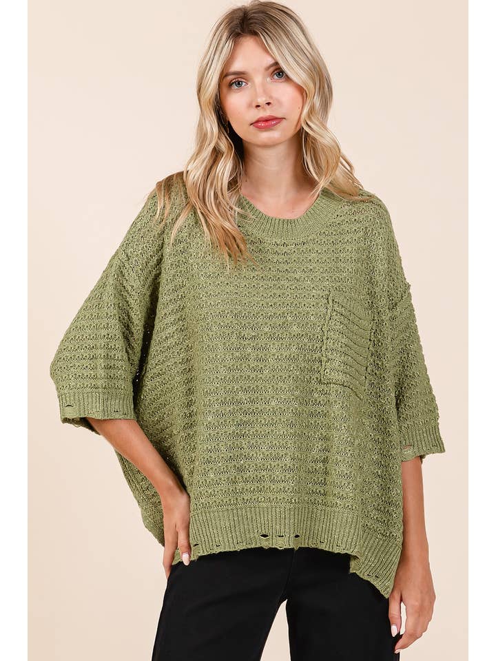 mittoshop - Wholesale Knit Sweater - Women's - DISTRESSED HEM SHORT SLEEVE LOOSE SWEATER KNIT TOP