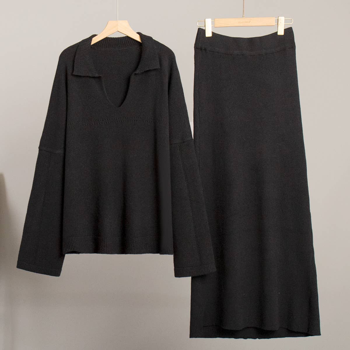 Rosa Clothing - Wholesale Top & Skirt Set - Women's - Polo Collar Loose Pullover Knit Sweater Skirt Set16