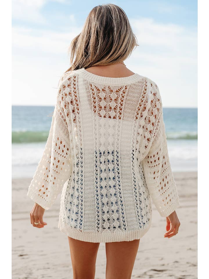 As shown Hollow Out Knit Bracelet Sleeve Drop Shoulder Sweater | S-XL for wholesale on Faire2