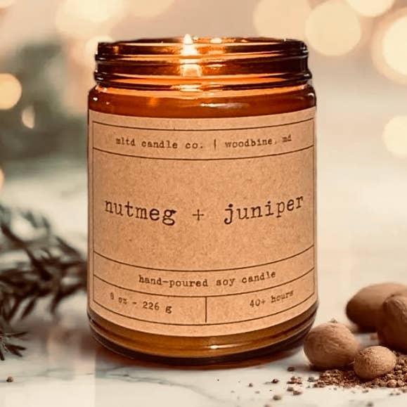 Nutmeg + Juniper Soy Candle: with Festive Clove Scent for wholesale by MLTD Candle Co.
