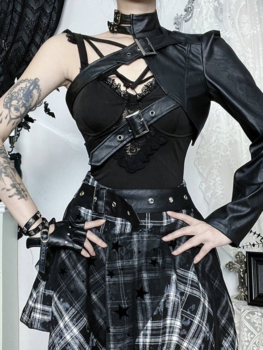 Negro Top de poliéster de un solo hombro estilo punk vintage de venta al por mayor en Faire0