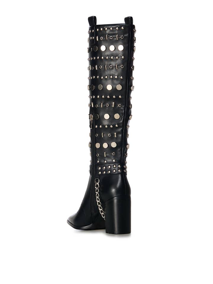 Azalea Wang - Wholesale Boots - Women's - JULETTE-BLACK STUDDED KNEE HIGH HEELED BOOT
