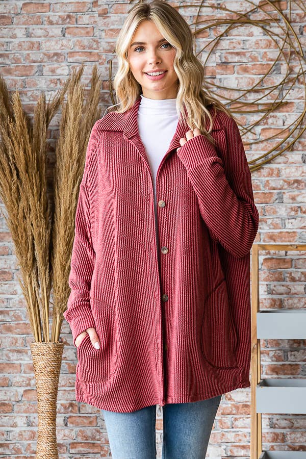 7th Ray – Großhandel Hemdjacke/Shacket – Damen – Solide Rippe Knopfleiste Seitentaschen Langarm Shacket T52564