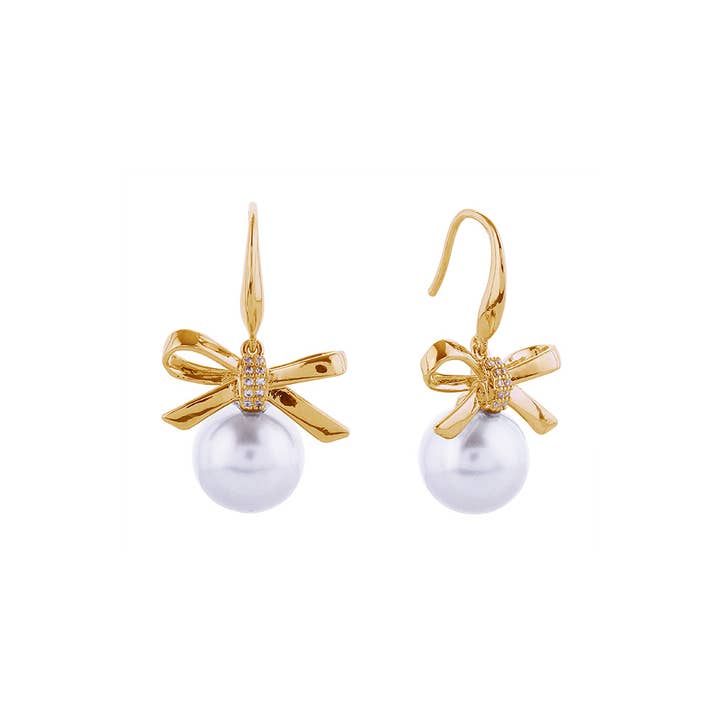 Hana - Wholesale Dangle Earrings - 14K Ribbon Pearl Drop Post Earrings