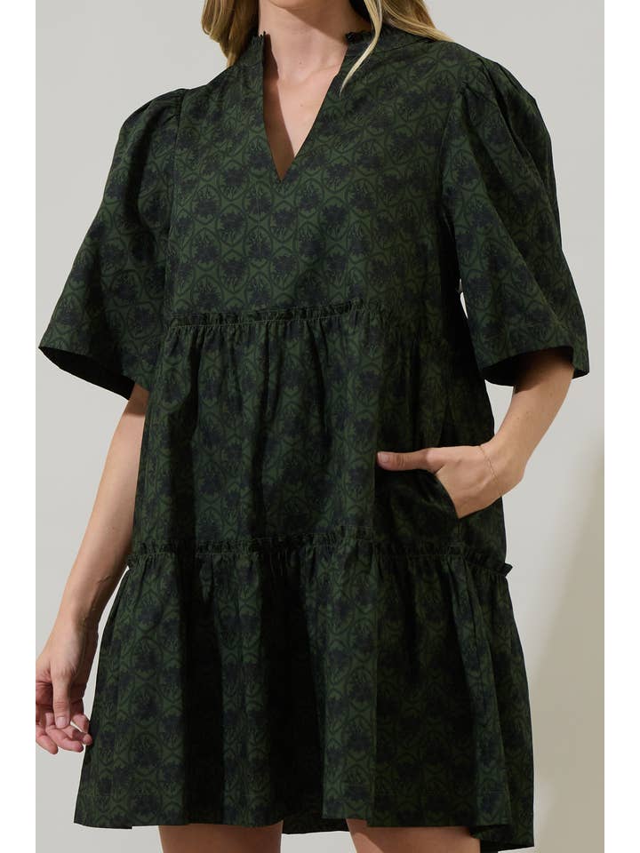 Olive Green Haslet Floral Dixie Split Neck Shift Dress for wholesale on Faire