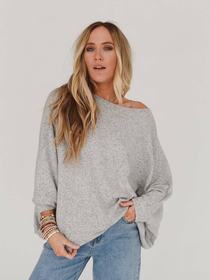 Fly With Me Batwing Sleeve Knit Sweater - Heather Gray for wholesale by Three Bird Nest