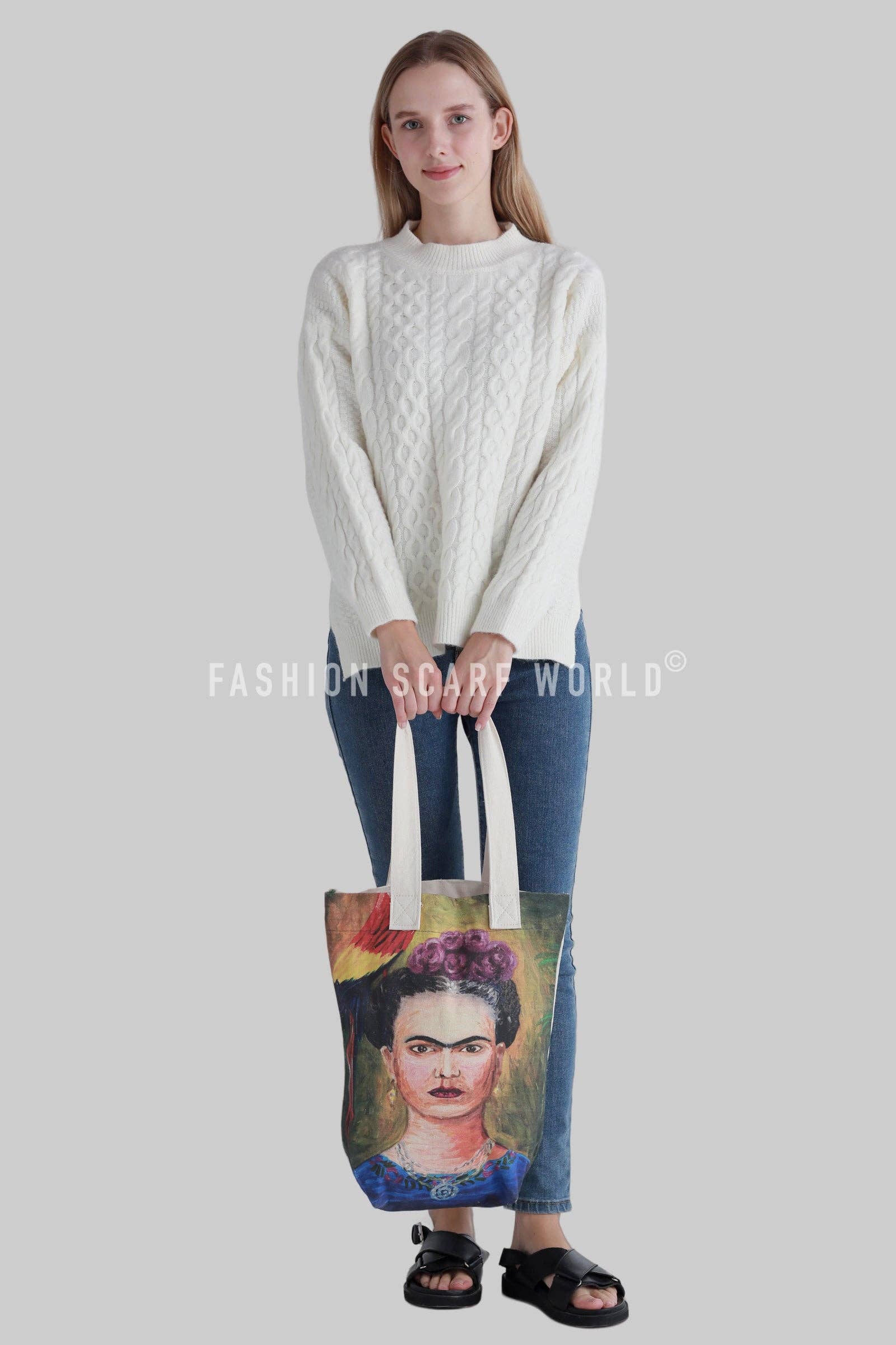 Multi Bolsa de algodão com arte do autorretrato de Frida Kahlo para venda a revendedores na Faire2