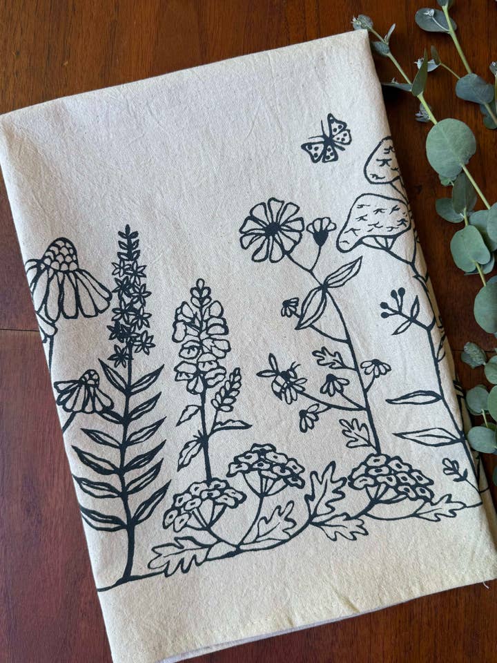 "Pollinators" Flour Sack Tea Towel for wholesale by Hedgerow