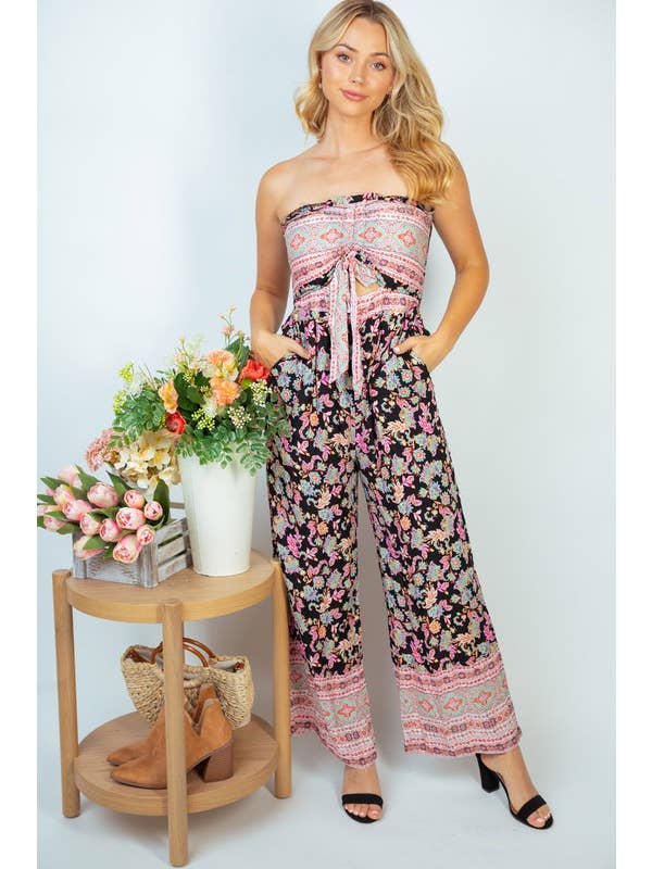 Black JP50131 Sleeveless Floral Print Woven Jumpsuit for wholesale on Faire
