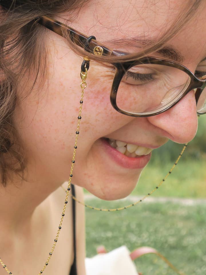 Gold eyeglass chain with black pearls model “Alhena” for wholesale by Atelier Kat H