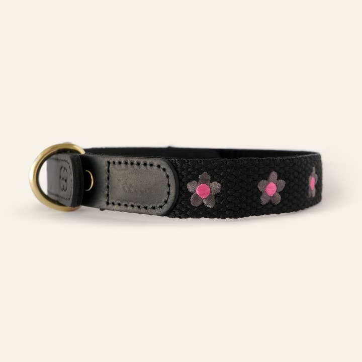 Black Leather Dog Collar + Daisy Embroidered Black Strap for wholesale by Som Studio