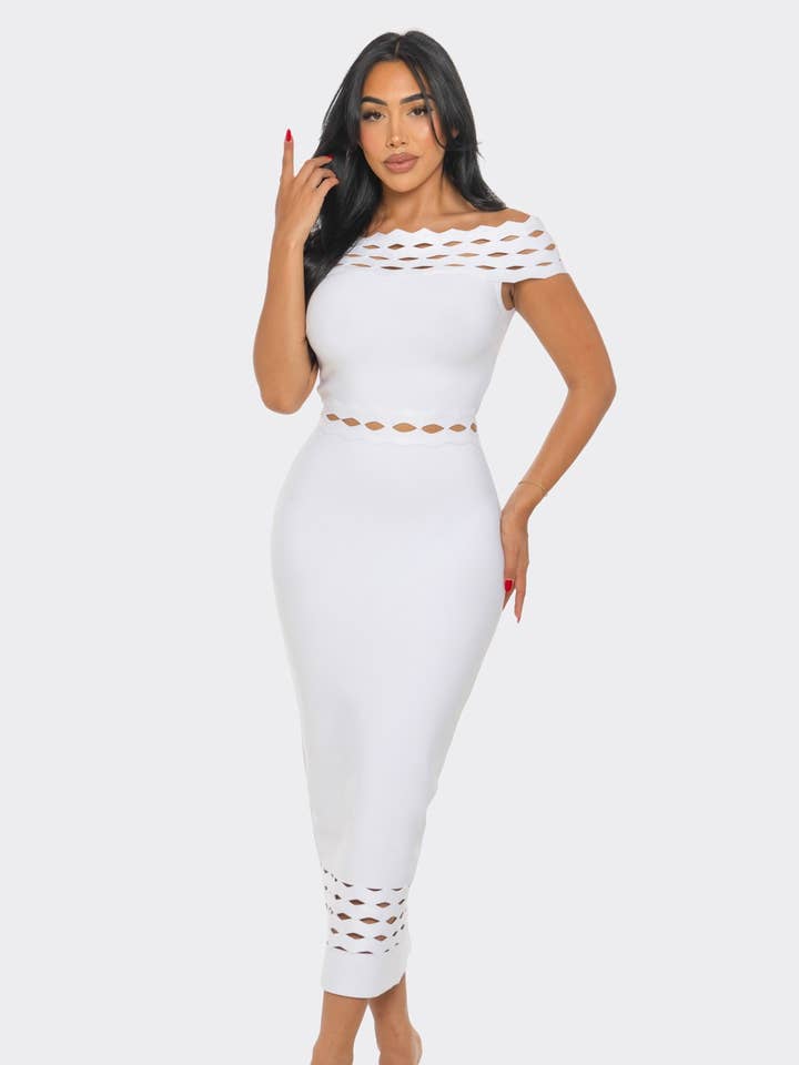Athina Collection - Wholesale Dress - Women's - Off-Shoulder Cutout Midi Bandage Dress