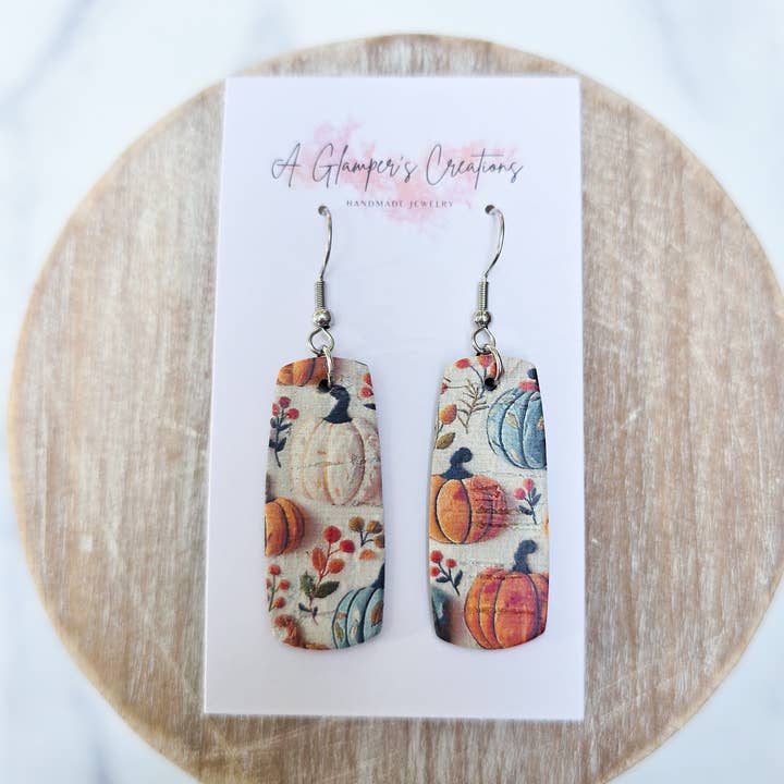 A Glamper's Creations LLC - Wholesale Dangle Earrings - Pumpkins Fall Mini Bar Leather Earrings0