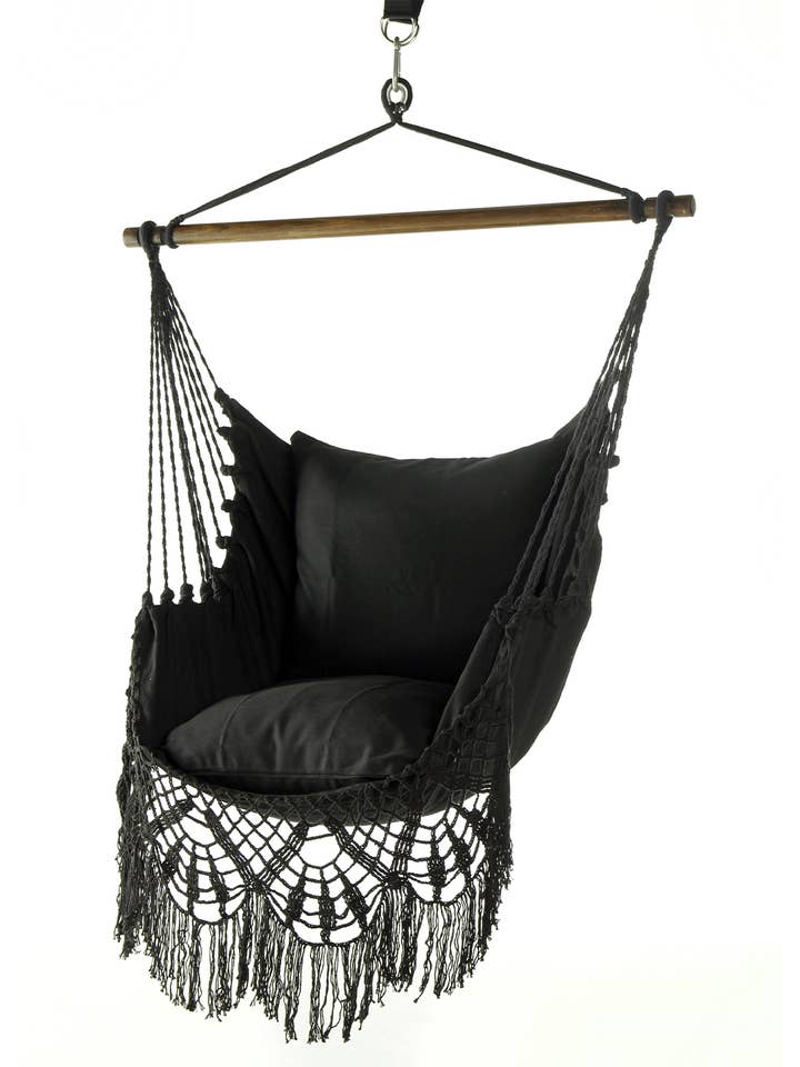 Black Hanging Chair Hammock With Fringe + 2 Pillow Cover Set for wholesale by Limbo Imports Hammocks