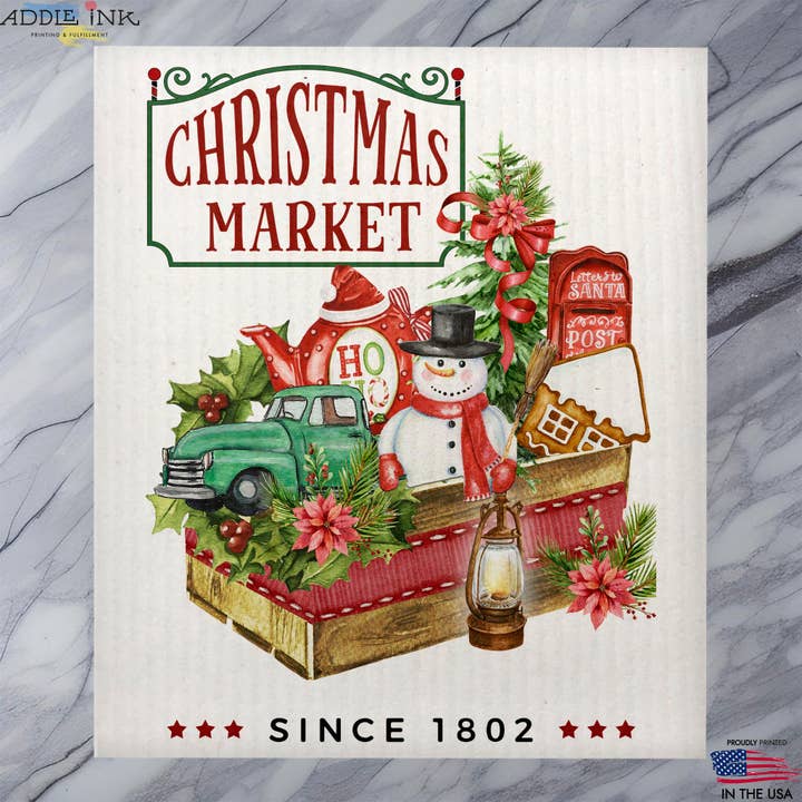 Christmas Market Teapot Snowman Truck Dishcloth for wholesale by ADDLE iNK