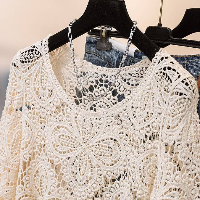 HIDDENBRAND - Wholesale T-Shirt - Women's - Bohemia Crochet Lace bell flare sleeve tee top cover up7