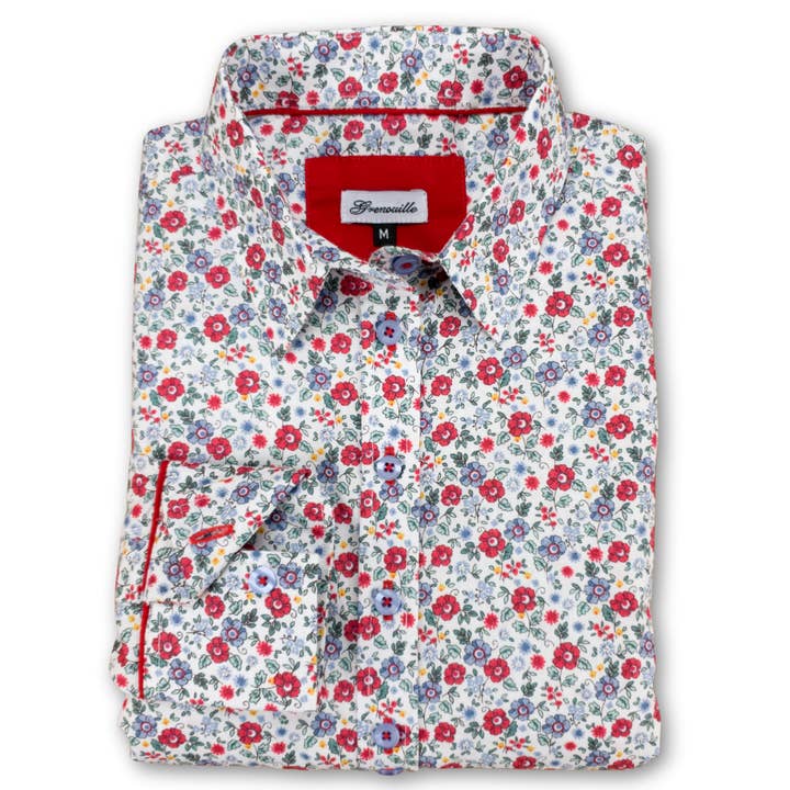 Chemise florale vintage style Grenouille rouge, bleu et jaune pour la vente par Salamander Shirts Ltd