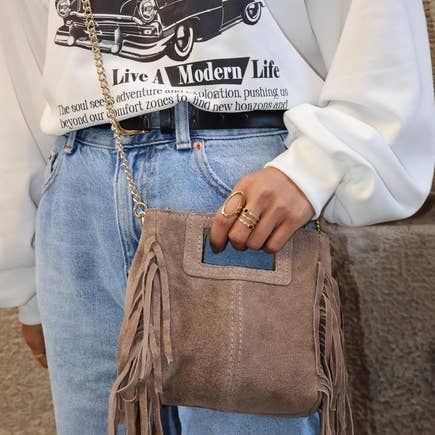 Cassette Barcelona - Wholesale Crossbody Bag - Women's - Mina Suede Leather Tassel Crossbody Bag Khaki Green11