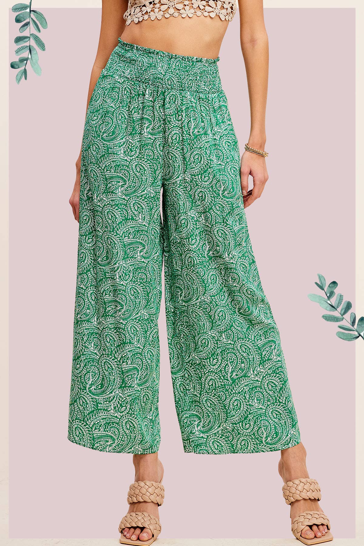 La Miel - Wholesale Pants - Women's - JCP4225-Boho Paisley Print Wide Leg Flowy Pants with Pockets7