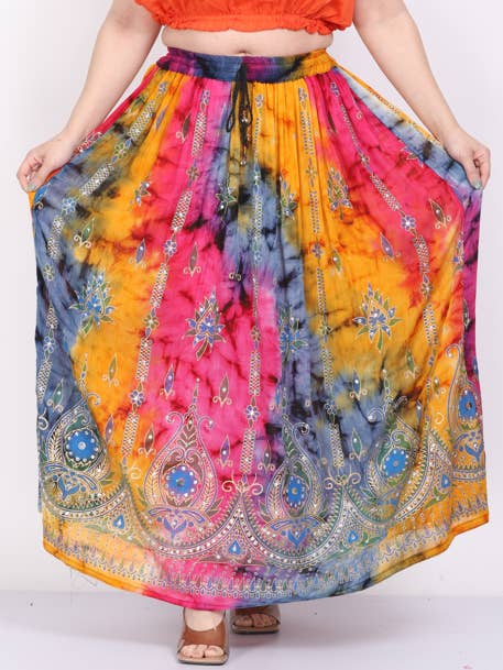 Women's Tie Dye Sequin Long Maxi Embroidery Skirt Wholesale for wholesale by Wevez