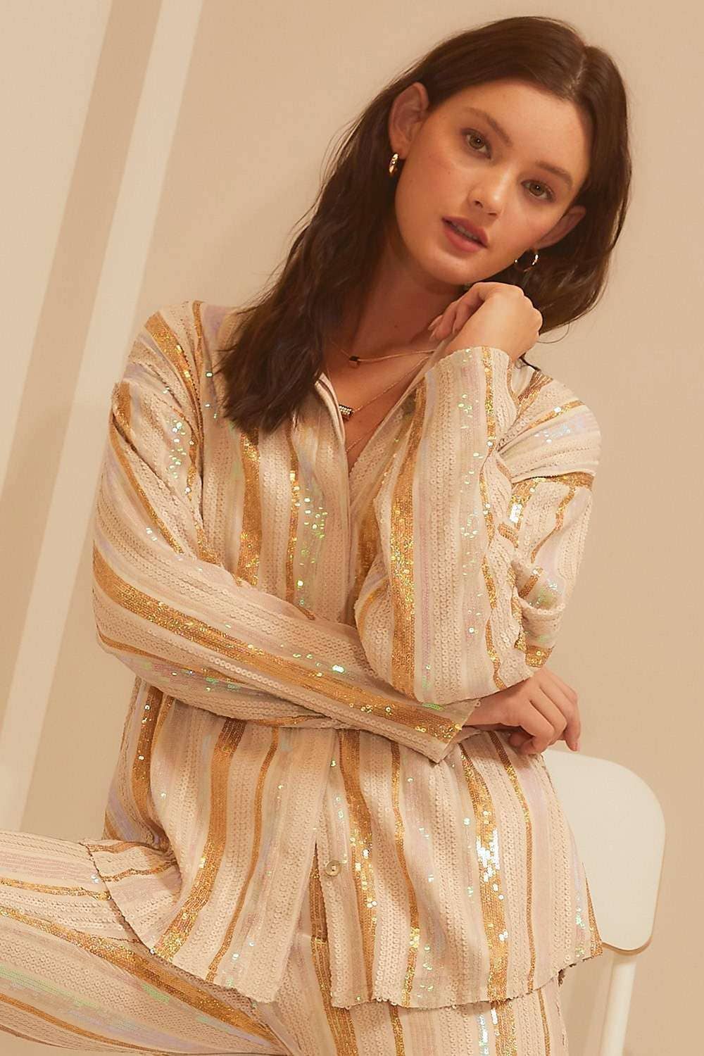 CREME MULTI Camisa Formal de Lantejoula Stripe Neutro para venda a revendedores na Faire10