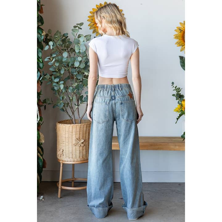 WASHED FOIL LOVE PATCHWORK DENIM JEANS for wholesale on Faire8