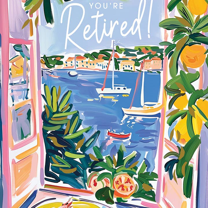 VUE DE LA FENÊTRE CARTE DE VŒUX DE RETRAITE 4,5 x 6,25" pour la vente par Calypso Cards LLC