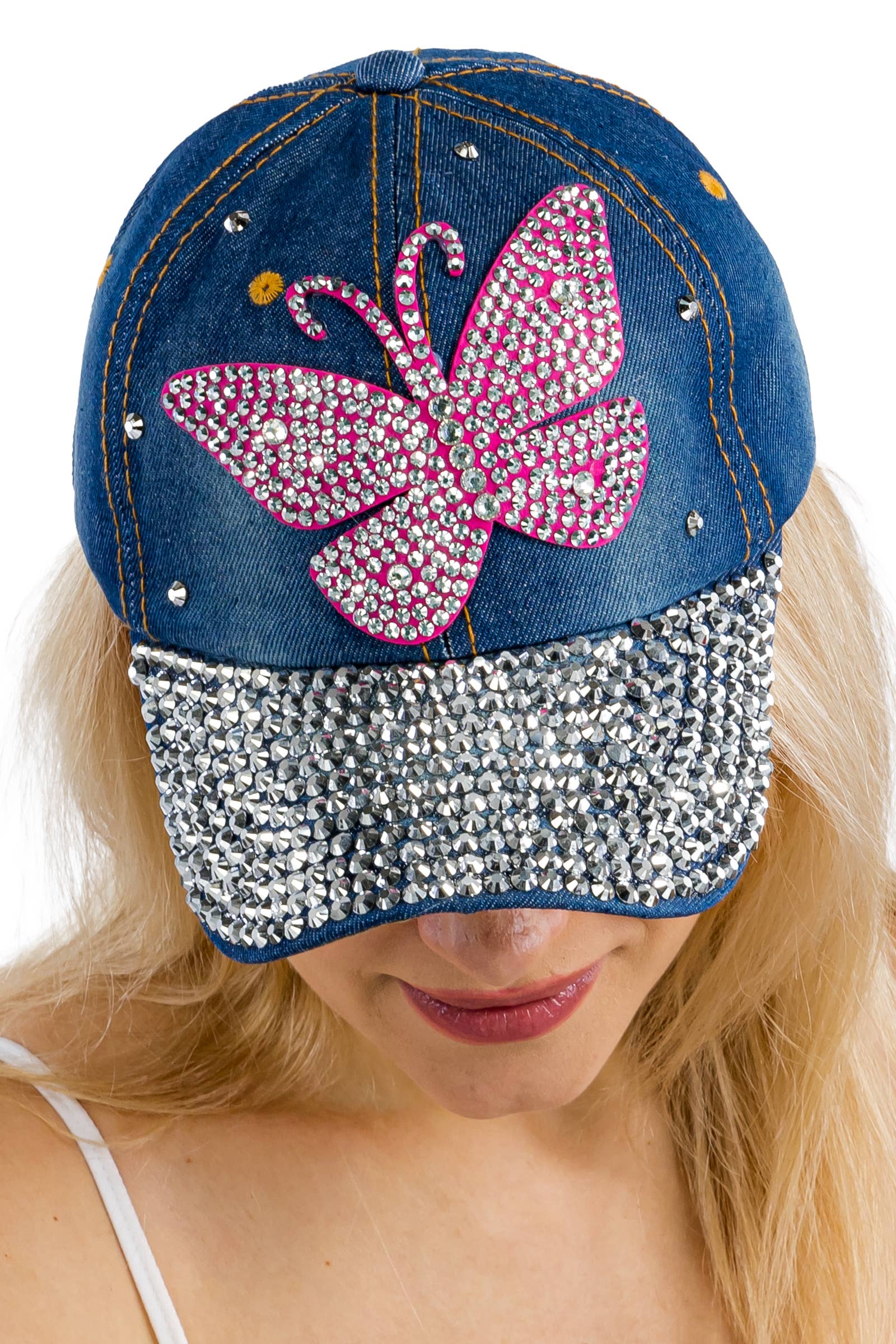 Cap Zone - Wholesale Baseball Cap - Women's - Butterfly Bling Rhinestone Denim Blue Baseball Cap10