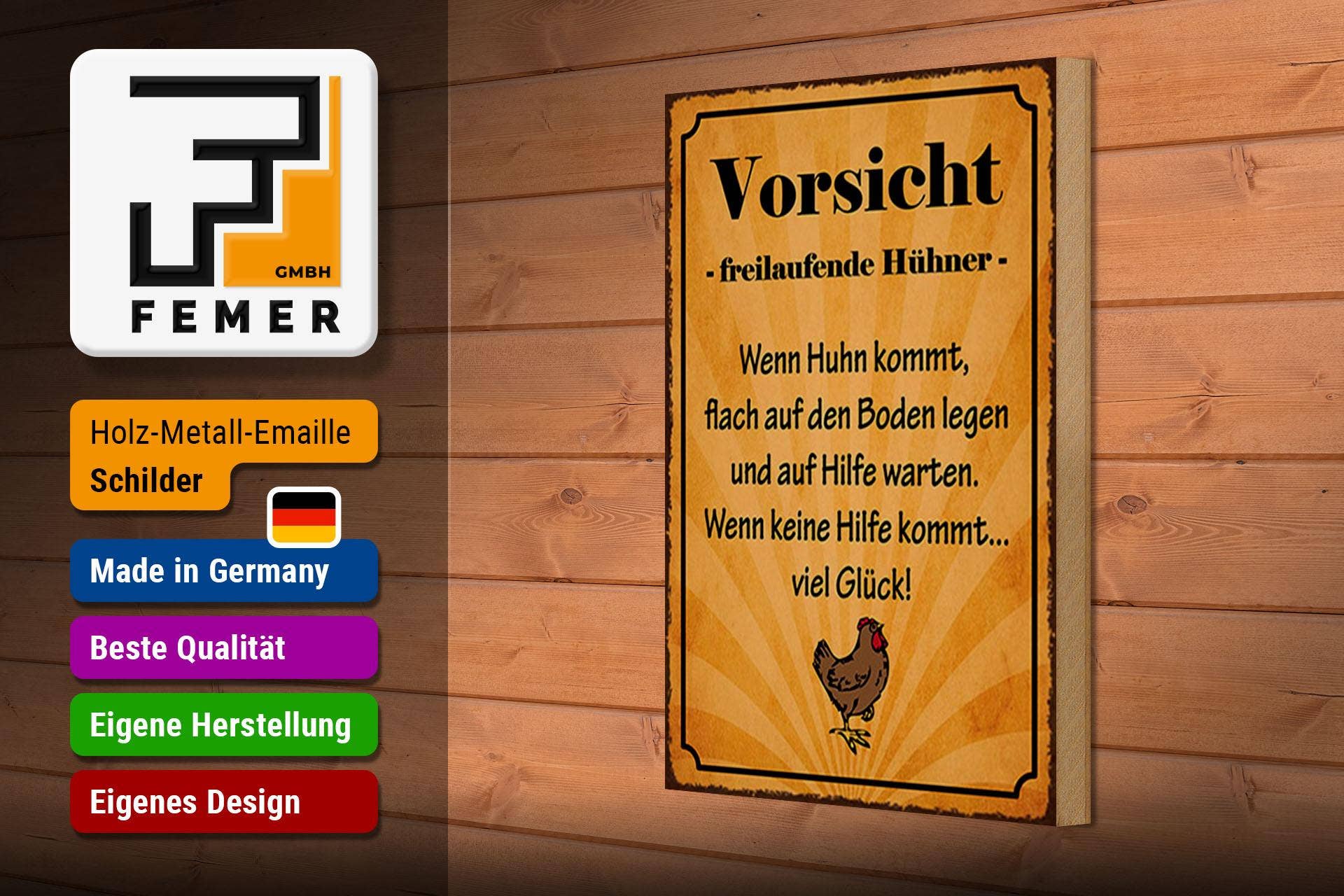 Femer – Großhandel Schilder – Holzschild Spruch 20x30 cm Vorsicht freilaufende Hühner Deko Schild wooden sign2