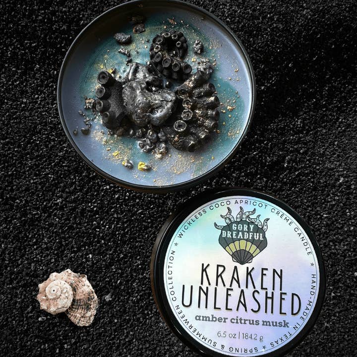 KRAKEN UNLEASHED Luxury Wickless Candle 6.5 oz: Amber Citrus Musk for wholesale by Gory Dreadful Candle Co