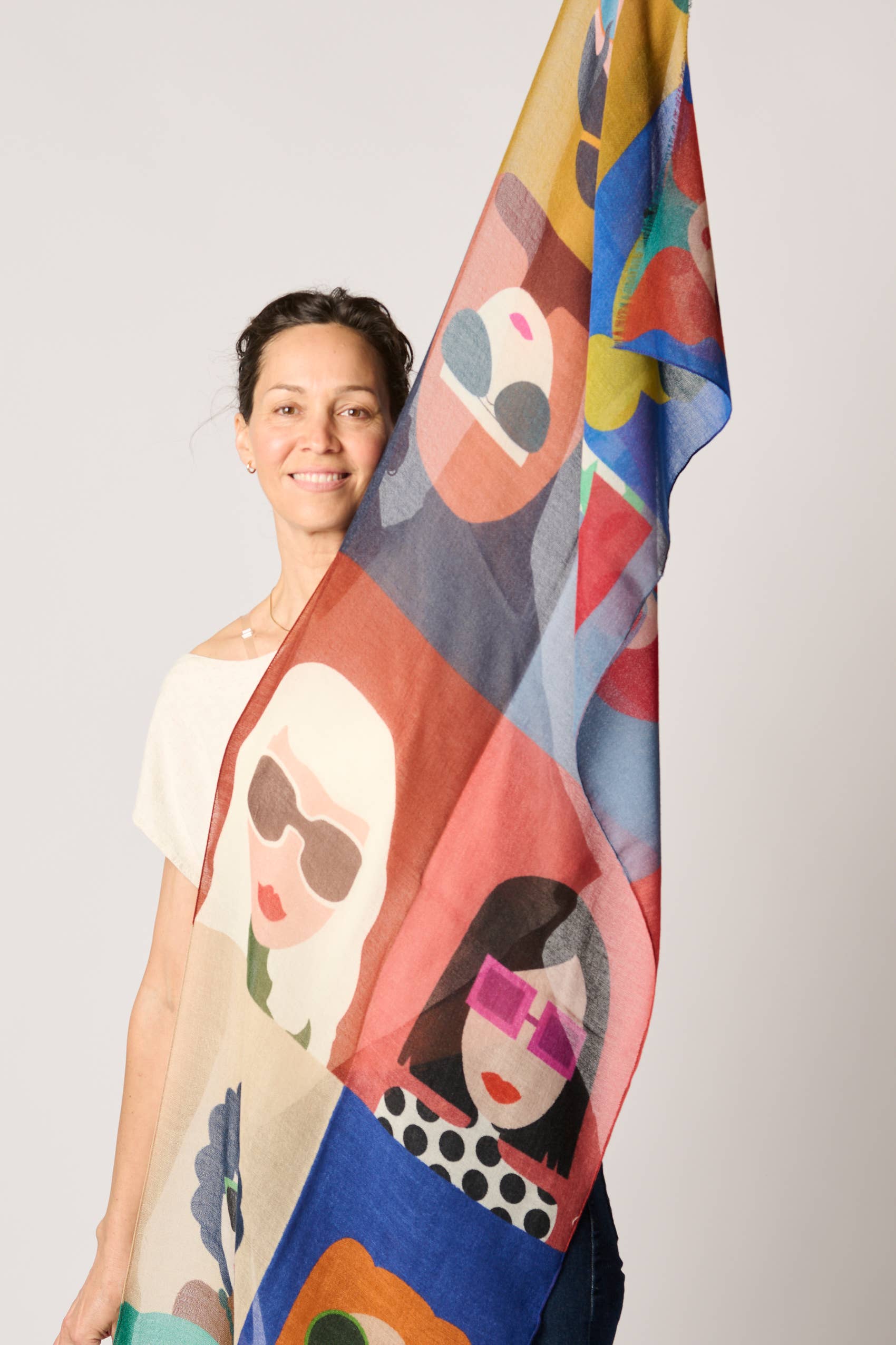 Margolis Pineo Italia - Wholesale Scarf - Women's -   RESTOCKED "GIRLS W/ GLASSES" ART SCARF—SOFT WOOL FLEECE 6