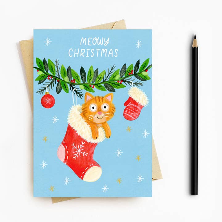 Carte de vœux de Noël vierge avec chat pour la vente par Fawa Shah