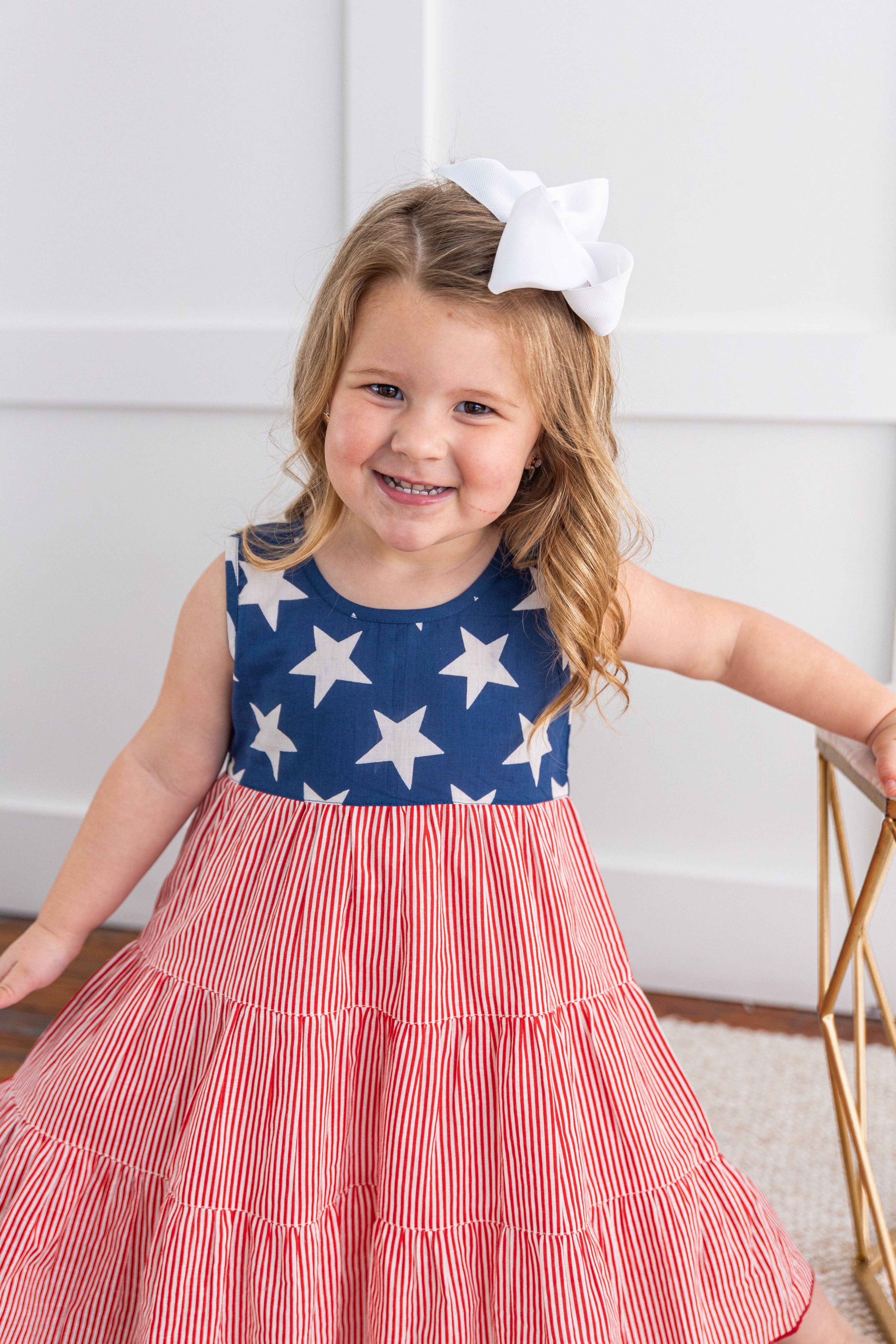 Yo Baby - Wholesale Dress - Kids - Stars & Red Striped Printed Tiered Gathered Dress1