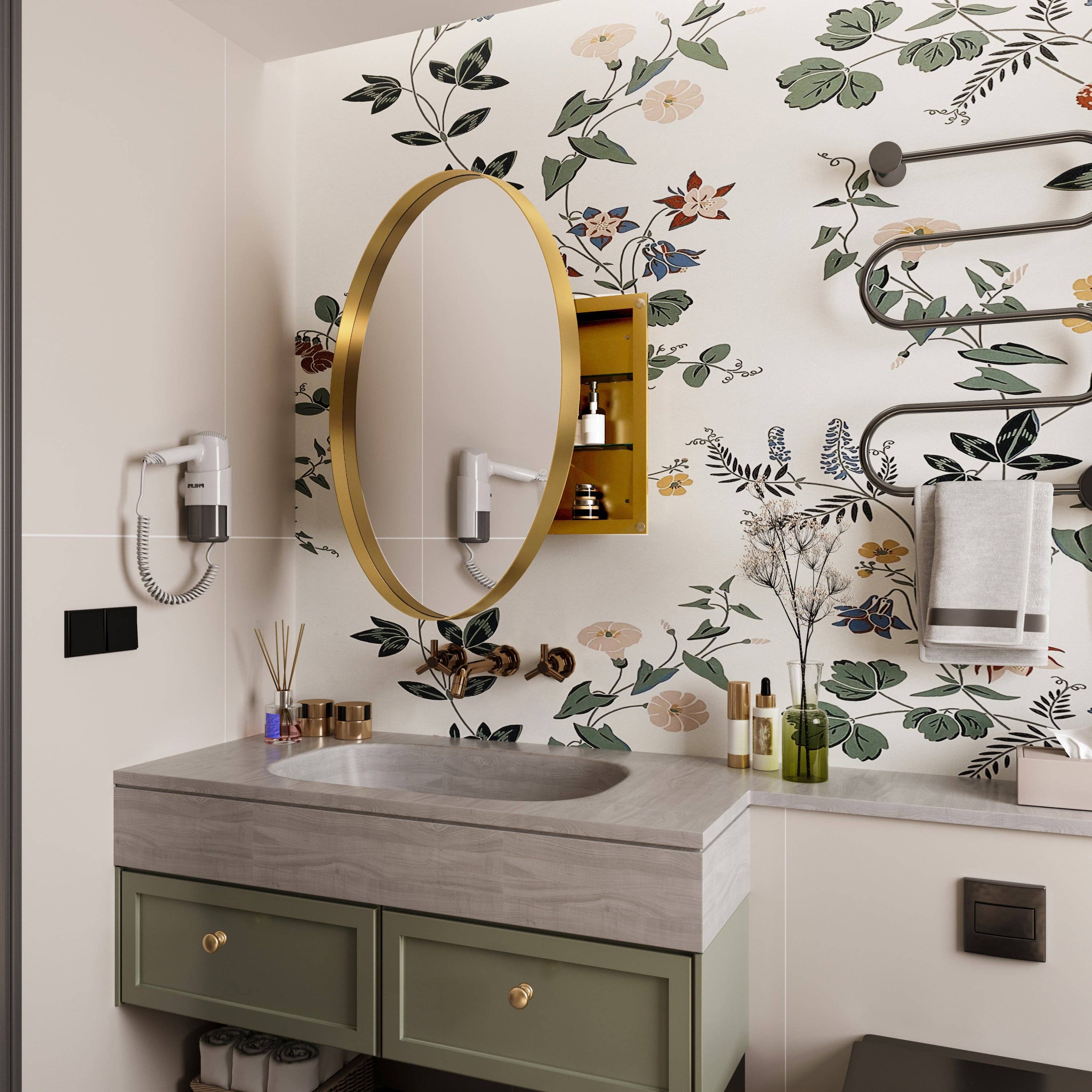 39F Inc. - Wholesale Wall Mirror - 31.5" Matte Gold Round Metal Medicine Cabinet - Mirror7