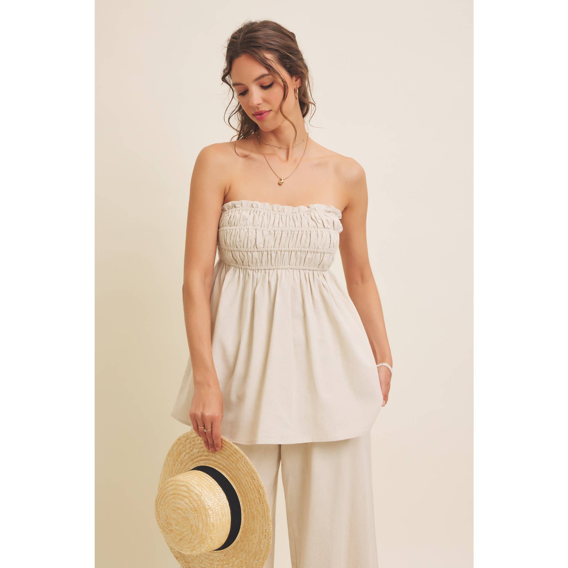 in february – Blusa - Mulher por atacado – TOP TÚNICA SEM ALÇAS DRAPEADO EM VISCOSE E LINHO20