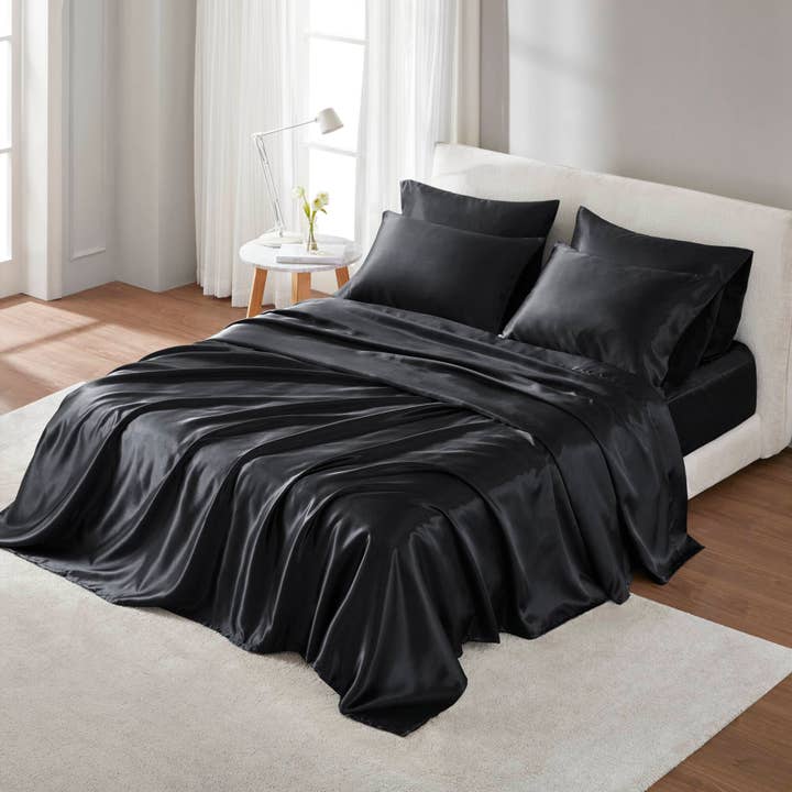 Luxury Satin 6-Piece Sheet Set, Black for wholesale by Olliix